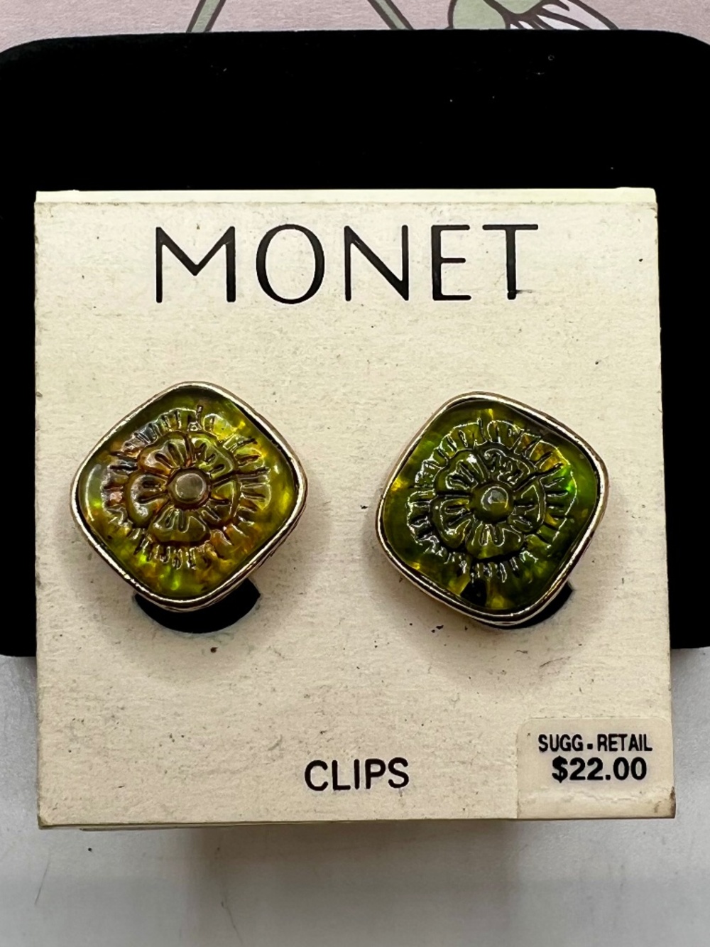 Monet Green Carved Floral CLIP Earrings